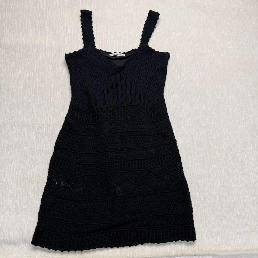 Abercrombie & Fitch Crochet Mini Dress Womens Large Black Knit Scallop V-Neck